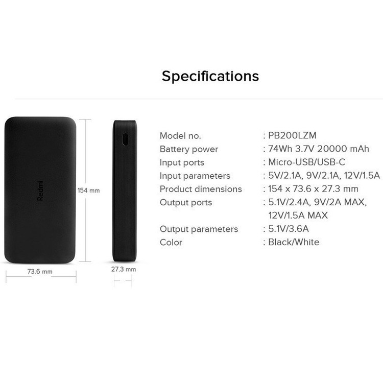 پاور بانک 20000 شیائومی (ارسال رایگان)فست شارژ Xiaomi Redmi PB200LZM 18W گلوبال