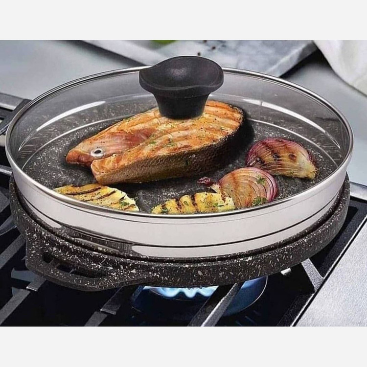 تابه گریل سایز 30 چدنی دو طرفه با درب پیرکس