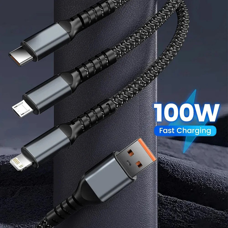 کابل شارژ سه کاره فست شارژ 100 وات TDA-218 به طول 1.2 متر/کابل تبدیل USB به تایپ سی،میکرو یو اس بی، لایتنینگ مدل TDA-218