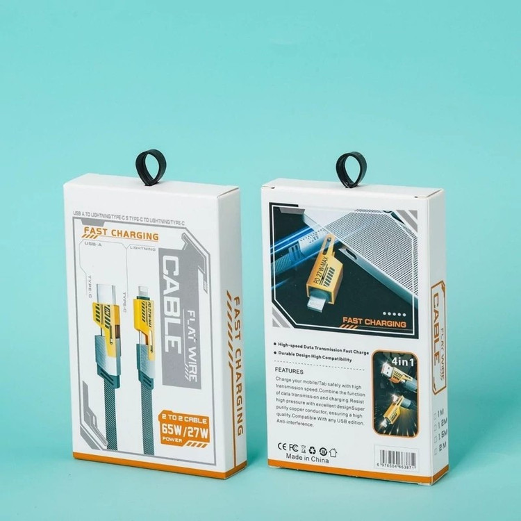 کابل شارژ چهار کاره سر فلزی کنفی (فست شارژ 65 وات) سر سوکت نارنجی،به طول 1 متر،قوی ترین کابل موجود در بازار (تخفیف ویژه)