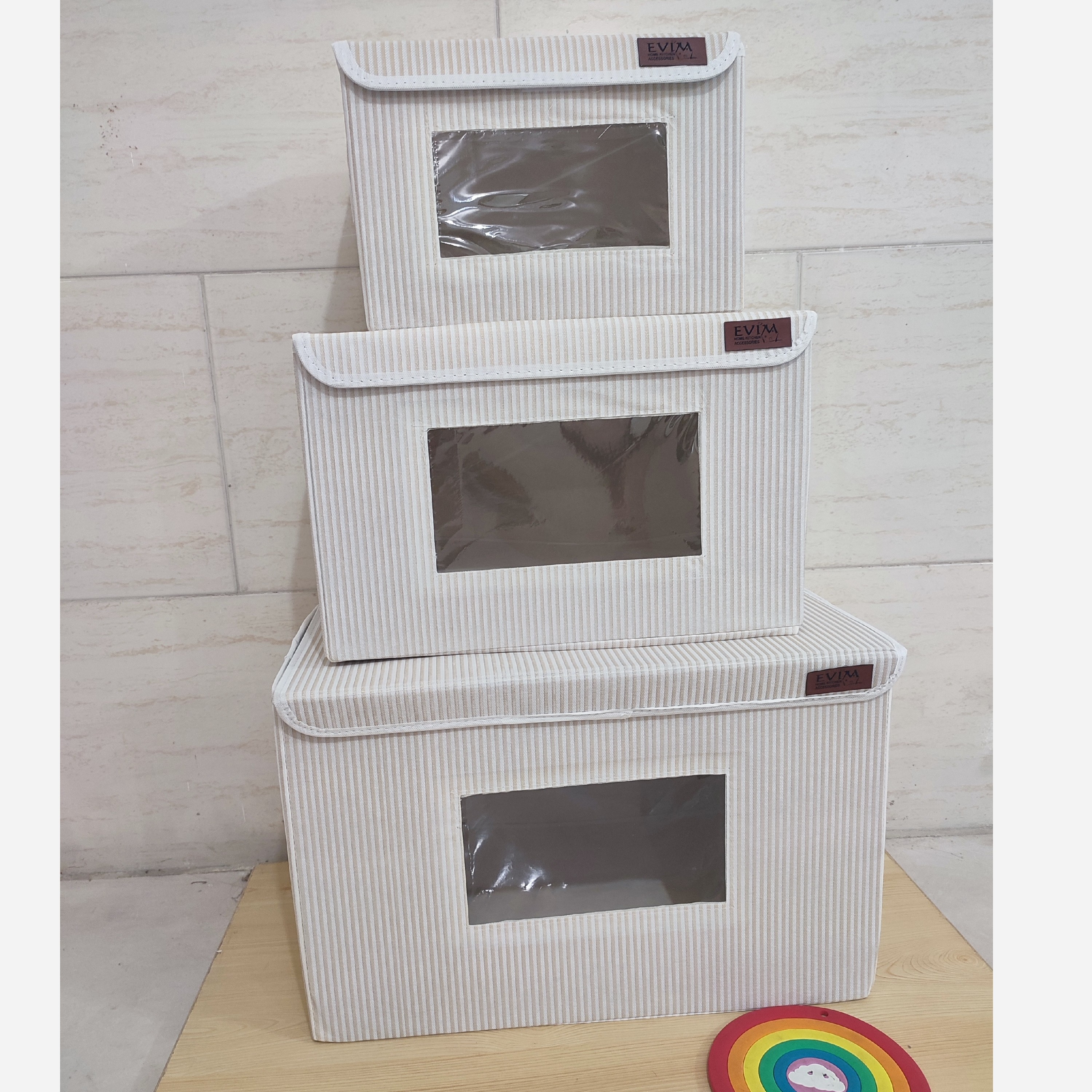 باکس لباس نظم دهنده 3سایز اسکلت دار راه راه تاشو پنجره دار بقچه نظمدهنده سبد اسباب بازی جعبه اویم Evim جلو طلقی ایست دار