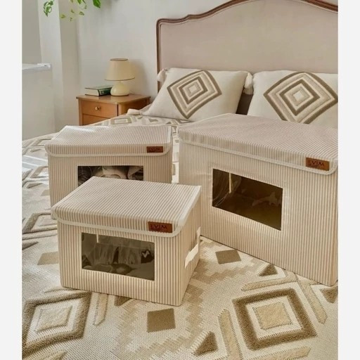 باکس لباس نظم دهنده 3سایز اسکلت دار راه راه تاشو پنجره دار بقچه نظمدهنده سبد اسباب بازی جعبه اویم Evim جلو طلقی ایست دار
