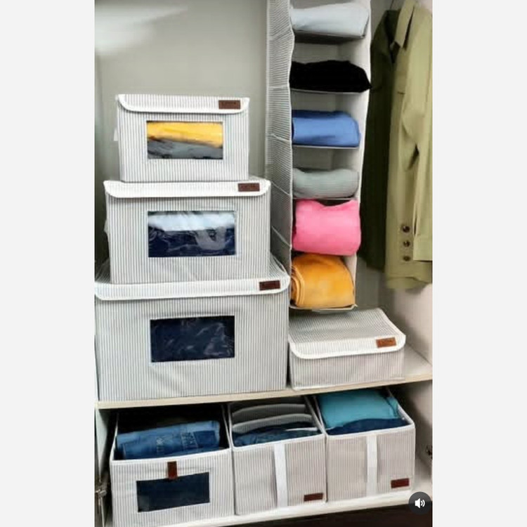 باکس لباس نظم دهنده 3سایز اسکلت دار راه راه تاشو پنجره دار بقچه نظمدهنده سبد اسباب بازی جعبه اویم Evim جلو طلقی ایست دار