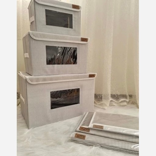باکس لباس نظم دهنده 3سایز اسکلت دار راه راه تاشو پنجره دار بقچه نظمدهنده سبد اسباب بازی جعبه اویم Evim جلو طلقی ایست دار