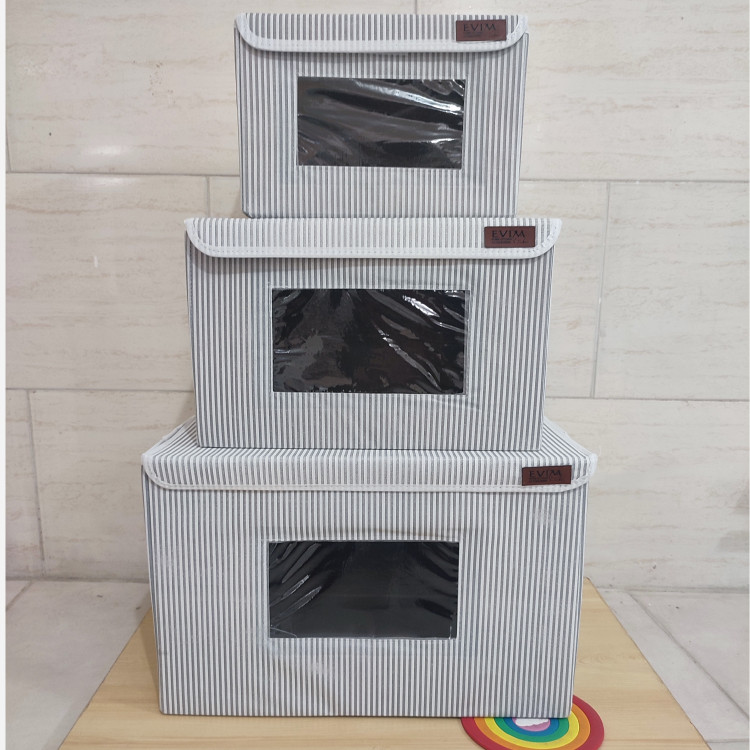 باکس لباس نظم دهنده 3سایز اسکلت دار راه راه تاشو پنجره دار بقچه نظمدهنده سبد اسباب بازی جعبه اویم Evim جلو طلقی ایست دار