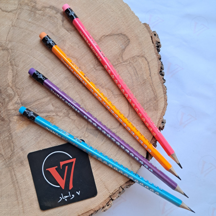 مداد مشکی پاکن دار سه گوش طرح شکوفه مداد سیاه پاکندار طرح گل رز نقره ای مثلثی در چهار رنگ سه ظلعی برند اس تی ام STM