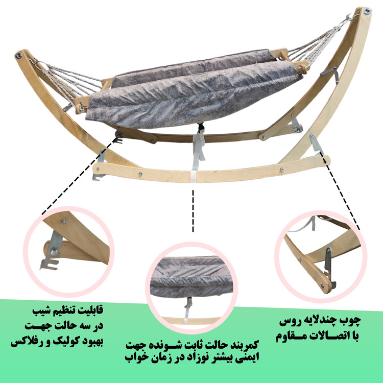 گهواره ننویی ستنی بانوج 8 طنابه با (قابلیت تنطیم شیب)ضد رفلاکس و کاور حمل(چوب 18 میل پلای وود روسی)