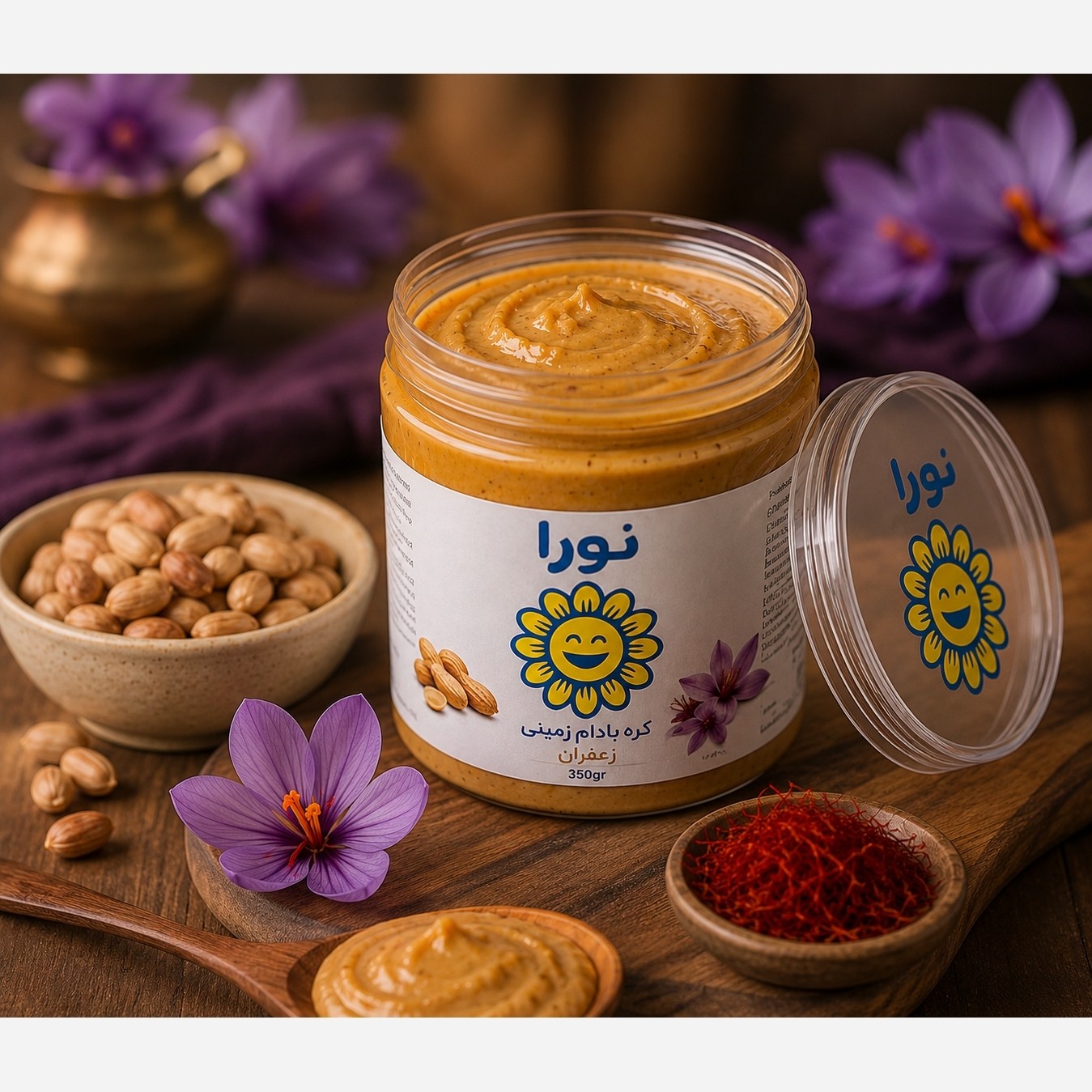 کره بادام زمینی زعفرانی 350گرم ،طعم لاکچری ،پروتئین بالا، بدون شکر