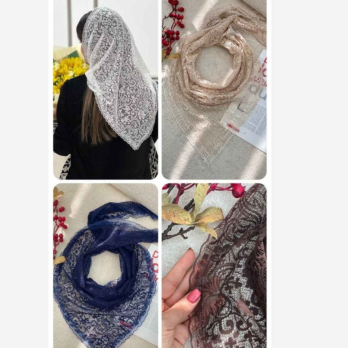روسری سه گوش دور دانتل مینی اسکارف سه گوش گیپور