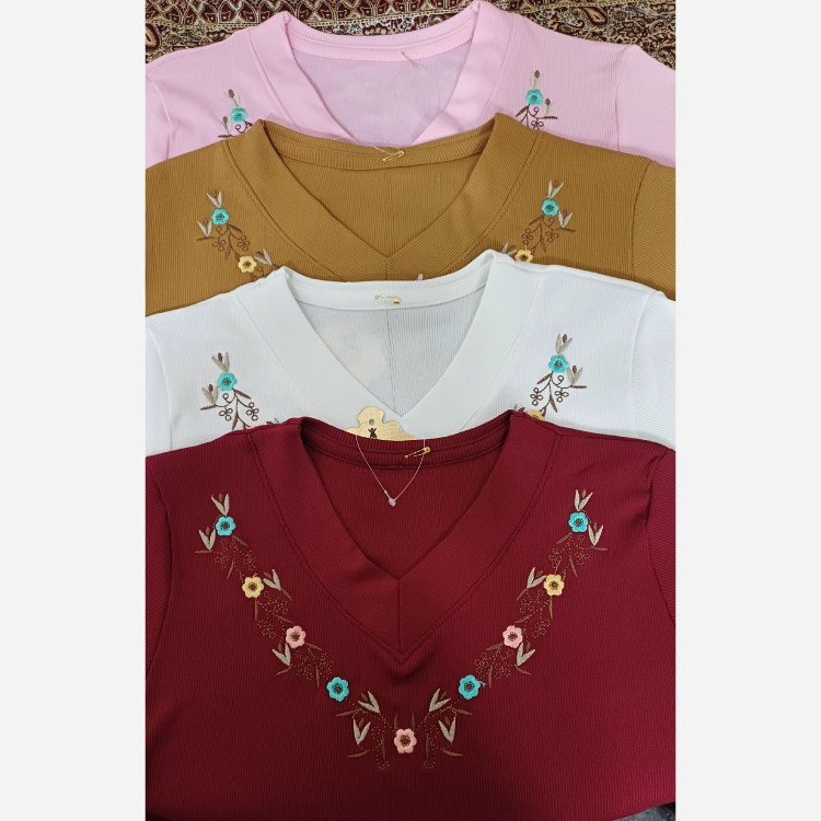 تیشرت یقه گلدوزی زنانه جنس کبریتی لطیف فری سایز تا 48