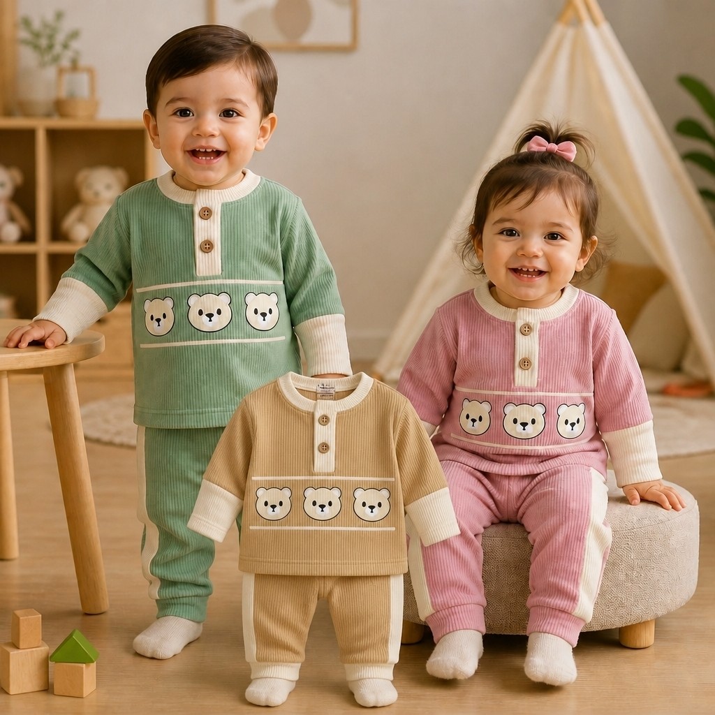 لباس نوزادی و سیسمونی بلوز شلوار پارچه کبریتی سایز 35 و40 طرح سه خرس