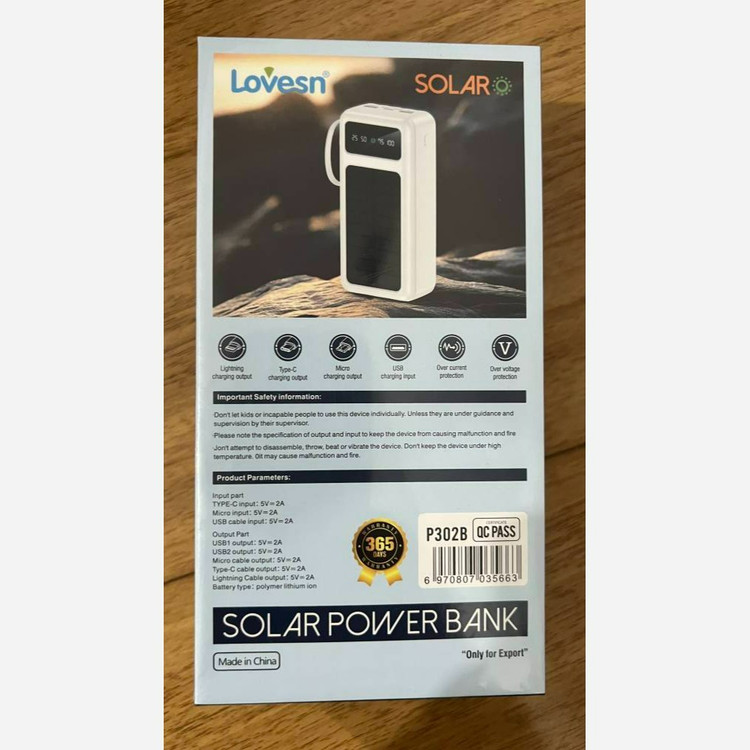 پاور بانک خورشیدی LOVESN (لاوسن) مدل p302 ظرفیت 30000 میلی آمپر