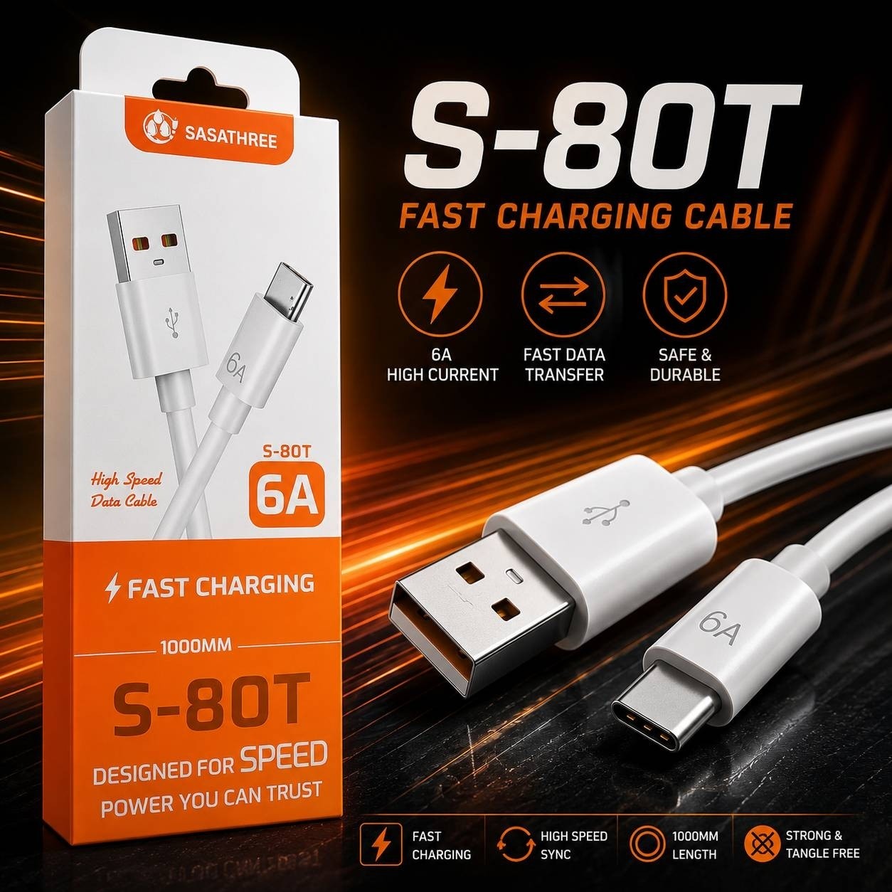 کابل شارژ تایپ سی SASATHREE مدل S80T