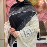 روسری کوپرا مشکی مجلسی نگین و مروارید دار (ارسال رایگان و هدیه)