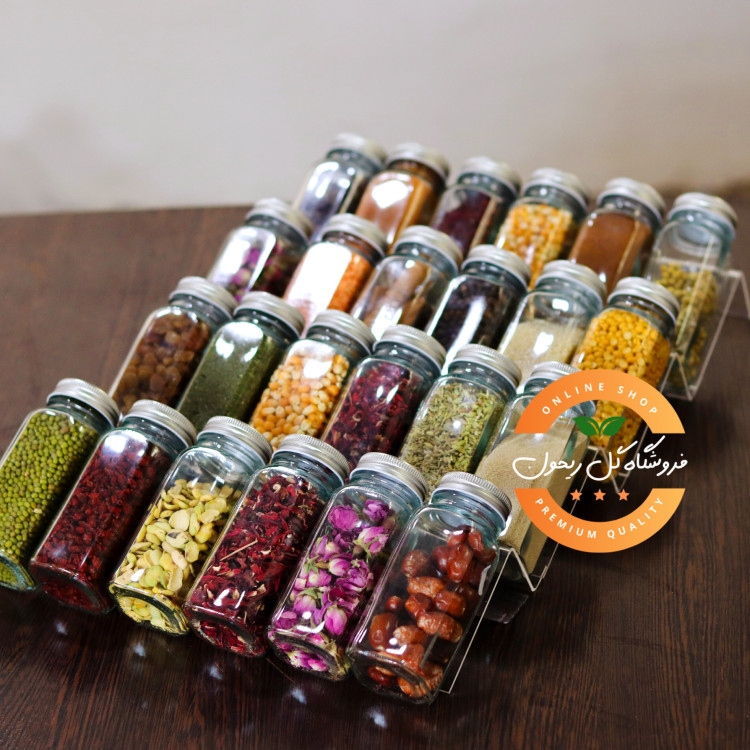جا ادویه شیشه ای (پک 24 عددی کامل) 12 سانت همراه 4 عدد استند و برچسب ضد آب